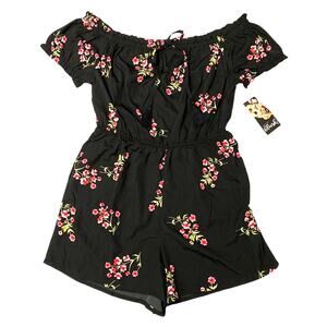 NWT Women's  Off-Shoulder Romper in Black Floral Blush Size Medium Tassel Front